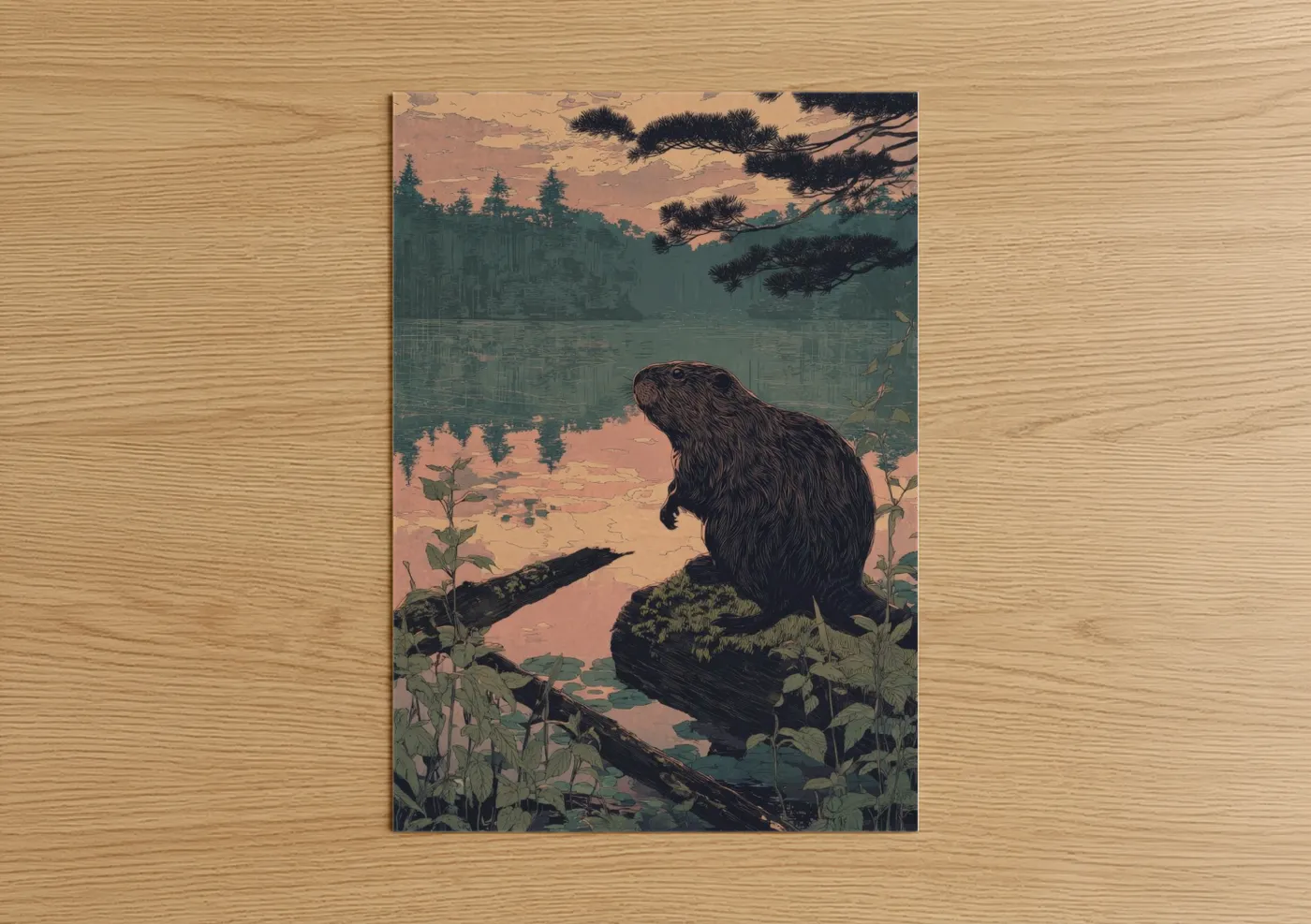 Riverside Beaver Sunset Watercolor Wall Art