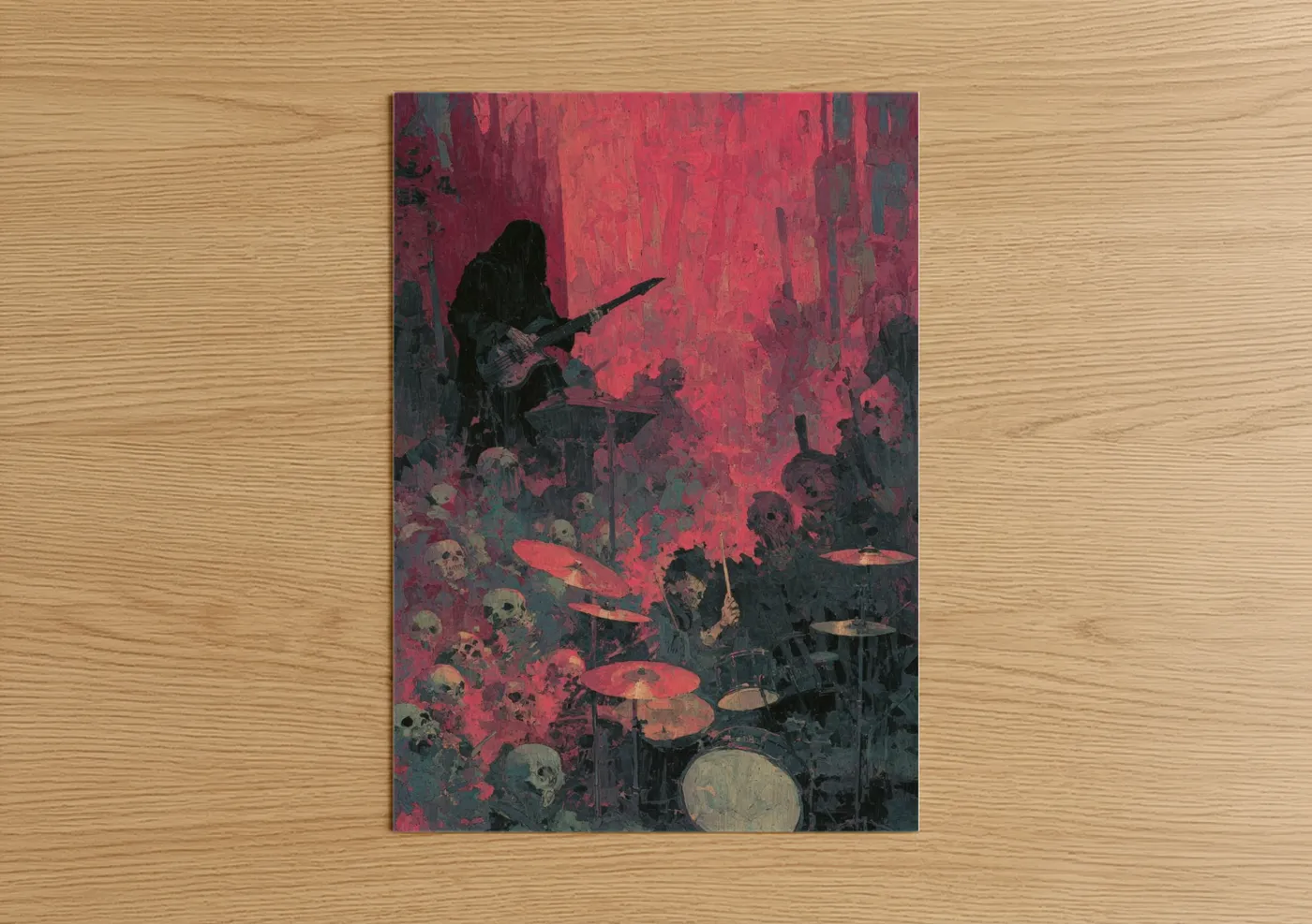 Death metal art print on warm oak wood — red and black palette — Crimson Uprising poster