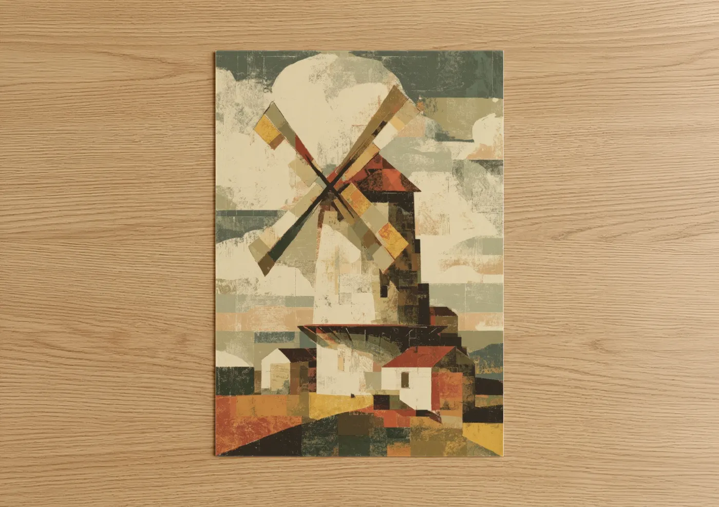 Windmills art print on warm oak wood — gold and sage green palette — Rustic Windmill poster