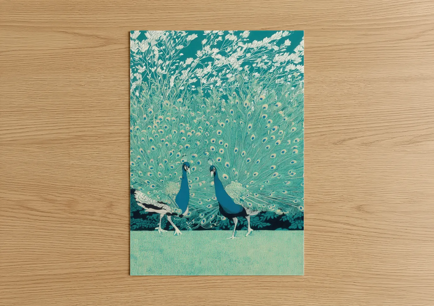 Turquoise Peacock Pair Illustration Wall Art