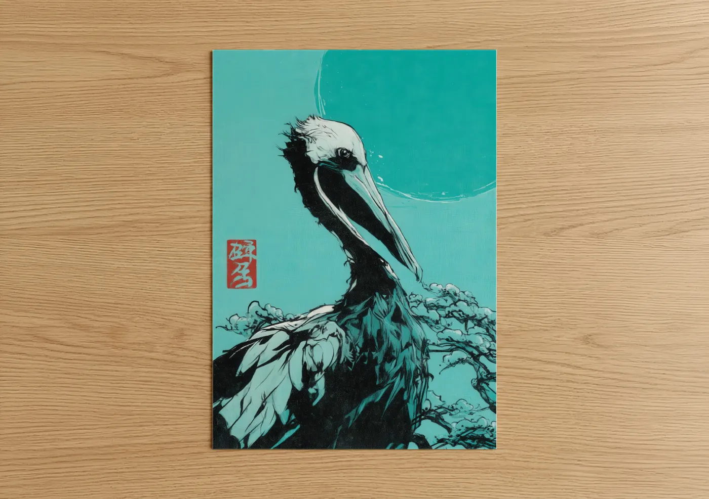 Art print on warm oak wood — turquoise and black and white palette — Turquoise Pelican poster