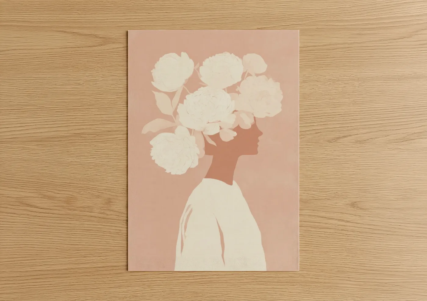 Art for girl art print on warm oak wood — peach and cream palette — Floral Silhouette Girl poster