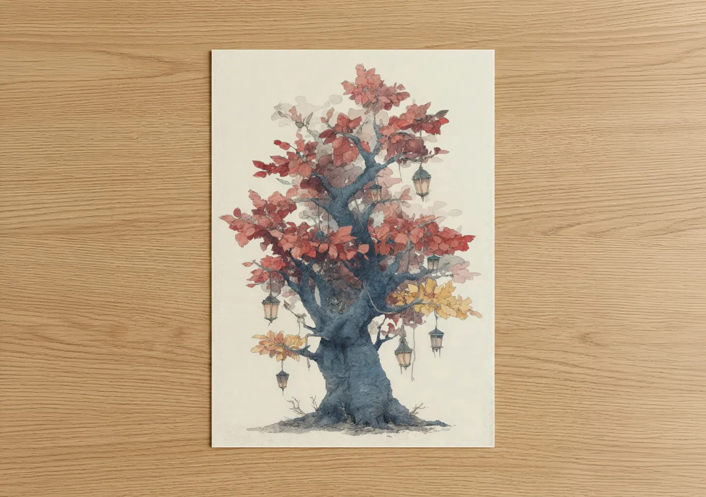 Baobab tree art print on warm oak wood — salmon pink and dark blue palette — Enchanted Baobab poster