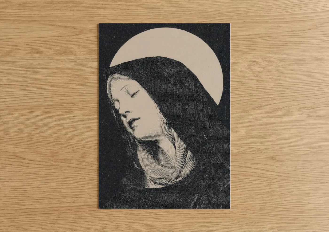 Virgin mary art print on warm oak wood — black and white and cream palette — Serene Madonna poster