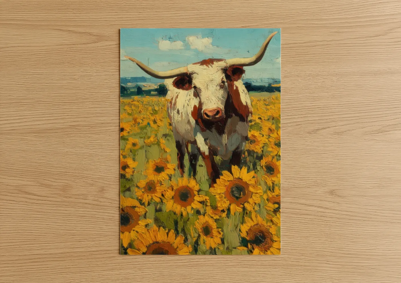Longhorn cow art print on warm oak wood — gold and turquoise palette — Sunflower Longhorn poster