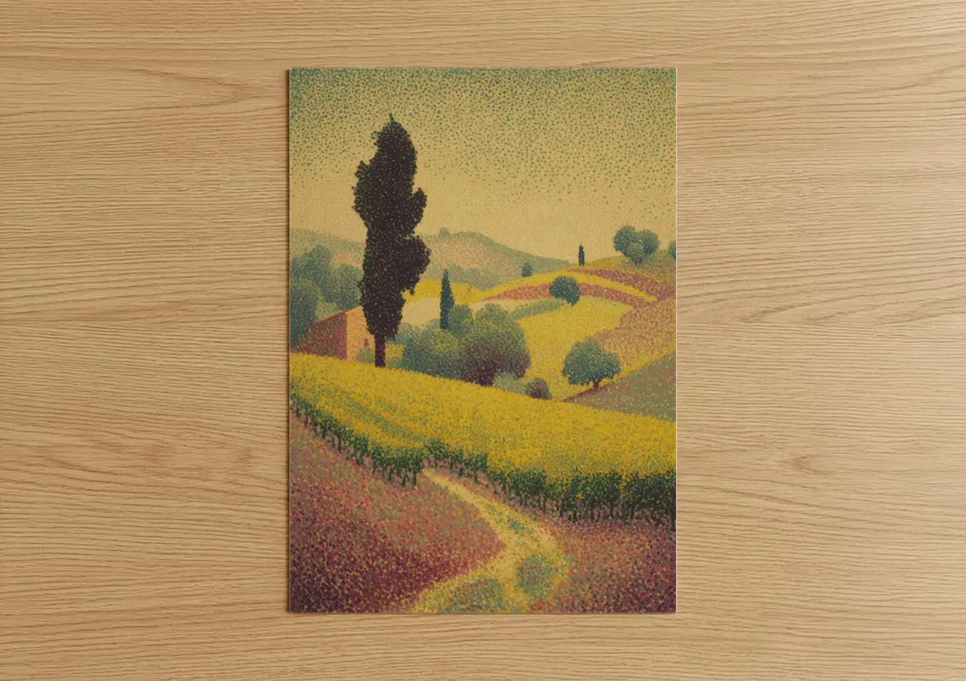 Art print on warm oak wood — gold and russet palette — Tuscan Vineyards poster