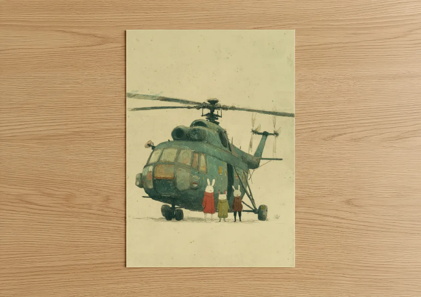 Art print on warm oak wood — sage green and cream palette — Whimsical Helicopter Adventure poster