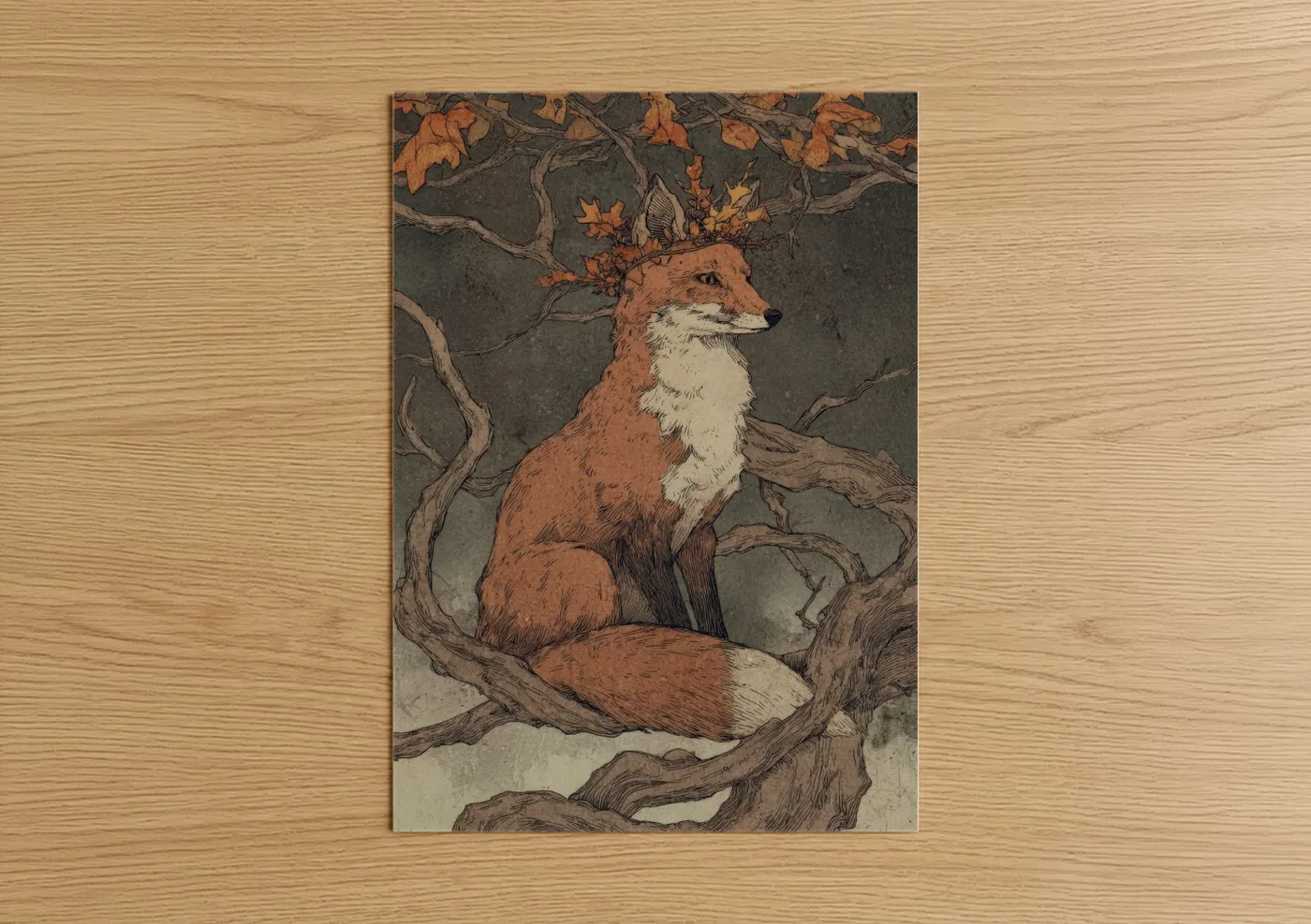 Art print on warm oak wood — russet and dove gray palette — Autumn Fox poster