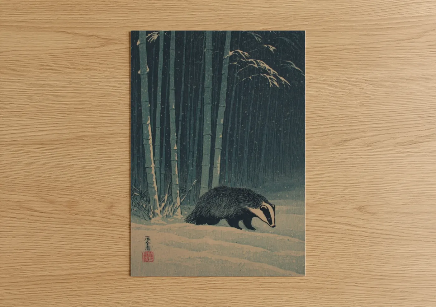 Art print on warm oak wood — teal and cream palette — Snowy Badger poster