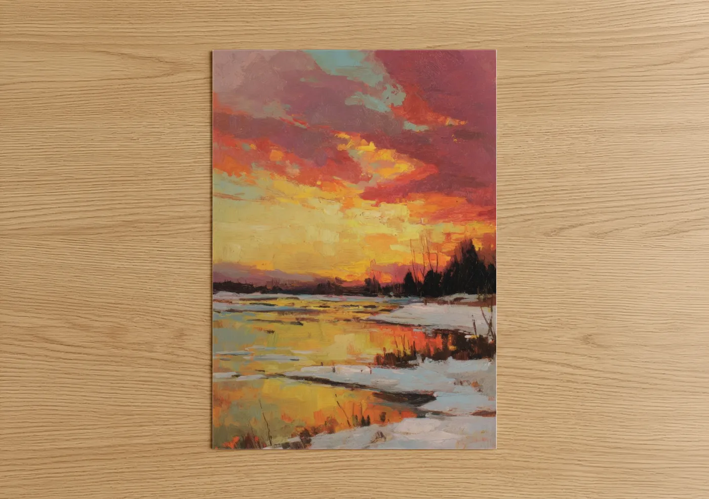 Art print on warm oak wood — red and yellow gold palette — Crimson Winter Sunset poster