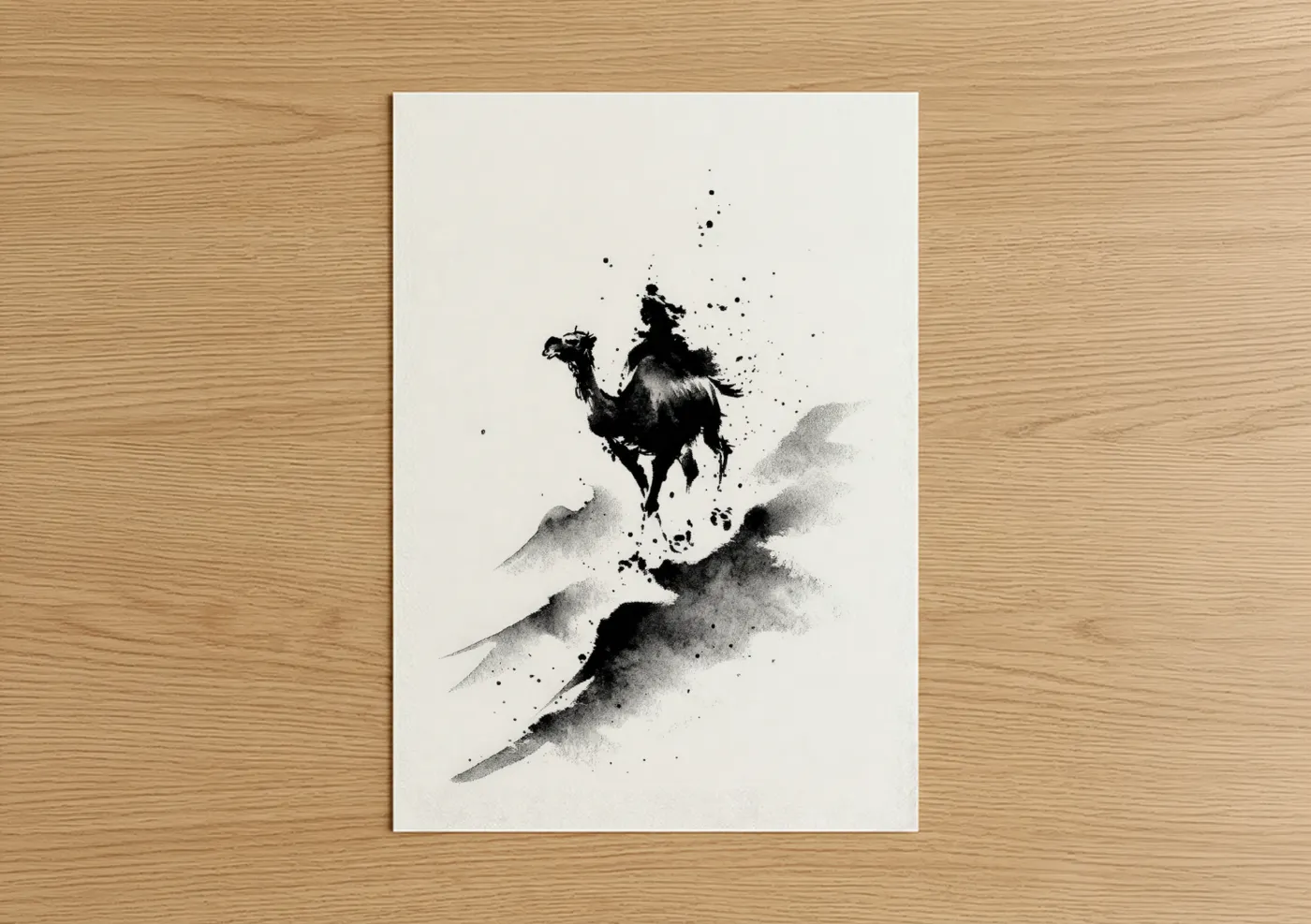Art print on warm oak wood — black and white and gray palette — Desert Camel poster