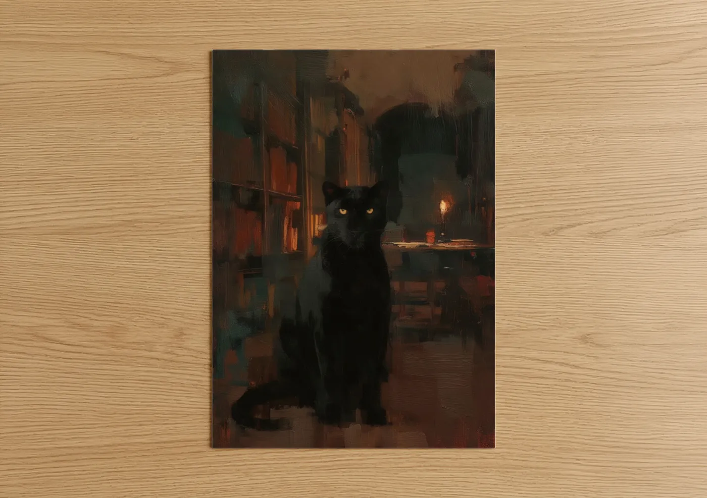 Art print on warm oak wood — russet and black palette — Amber-Eyed Panther poster