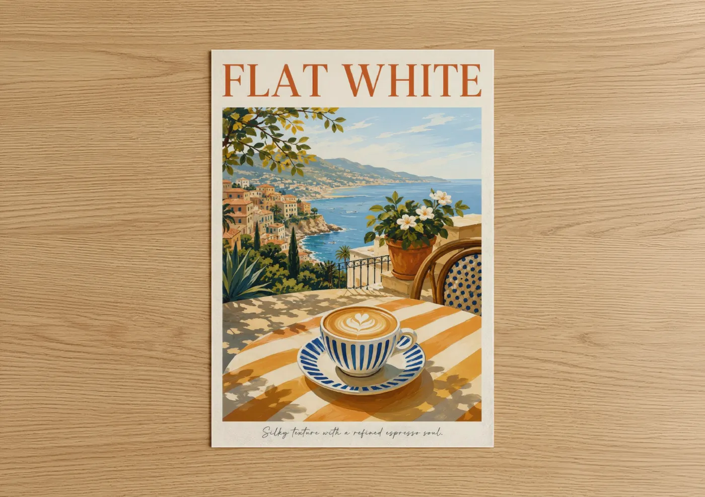 Art print on warm oak wood — blue and beige palette — Mediterranean Coastal Coffee Terrace Wall Art poster