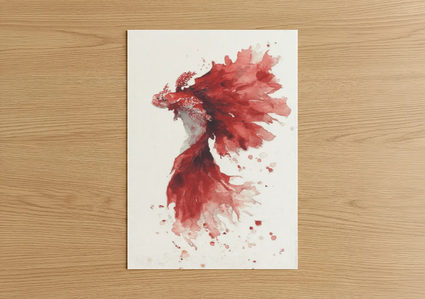 Art print on warm oak wood — red and salmon pink palette — Crimson Nudibranch poster
