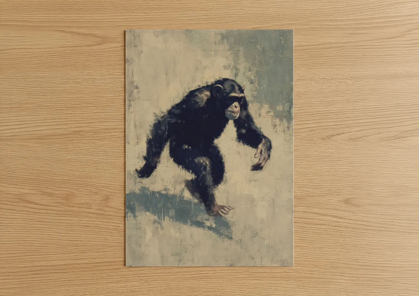 Art print on warm oak wood — beige and black palette — Contemplative Chimpanzee poster