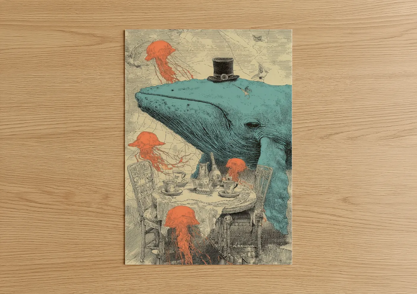 Blue whale art print on warm oak wood — teal and orange palette — Whimsical Whale Tea Party poster