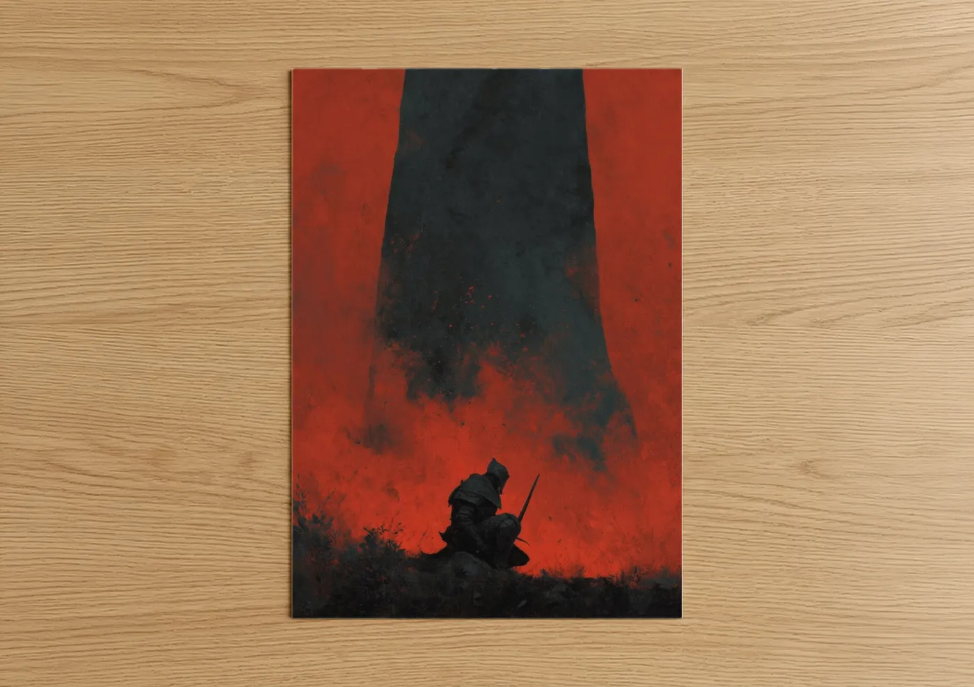 Dark fantasy art print on warm oak wood — red and black palette — Shadow Warrior poster