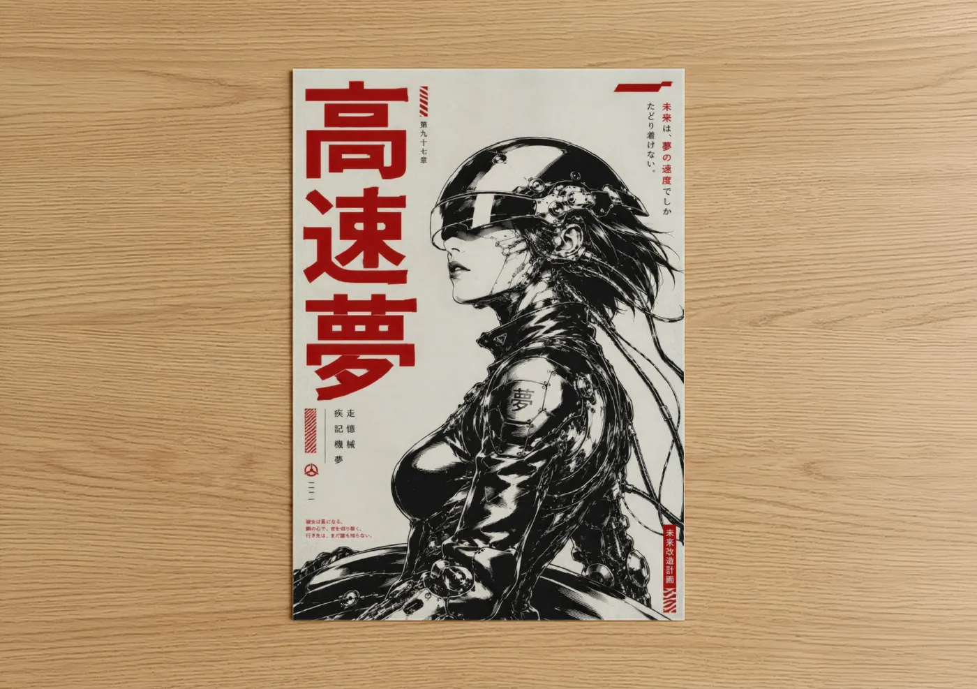 Art print on warm oak wood — black and white and red palette — Japanese Cyberpunk Motorcycle Woman Wall Art poster