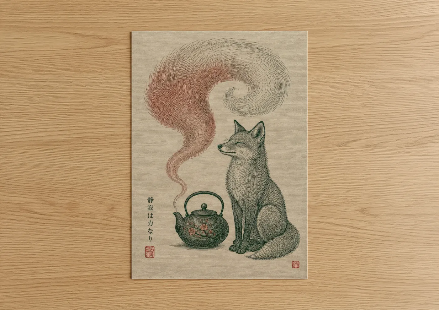 Art print on warm oak wood — beige and salmon pink palette — Japanese Fox and Teapot Wall Art poster