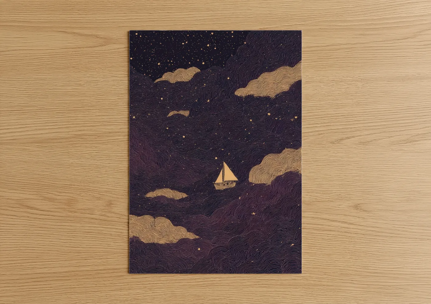 Starlit Sailboat Night Sky Gold Wall Art