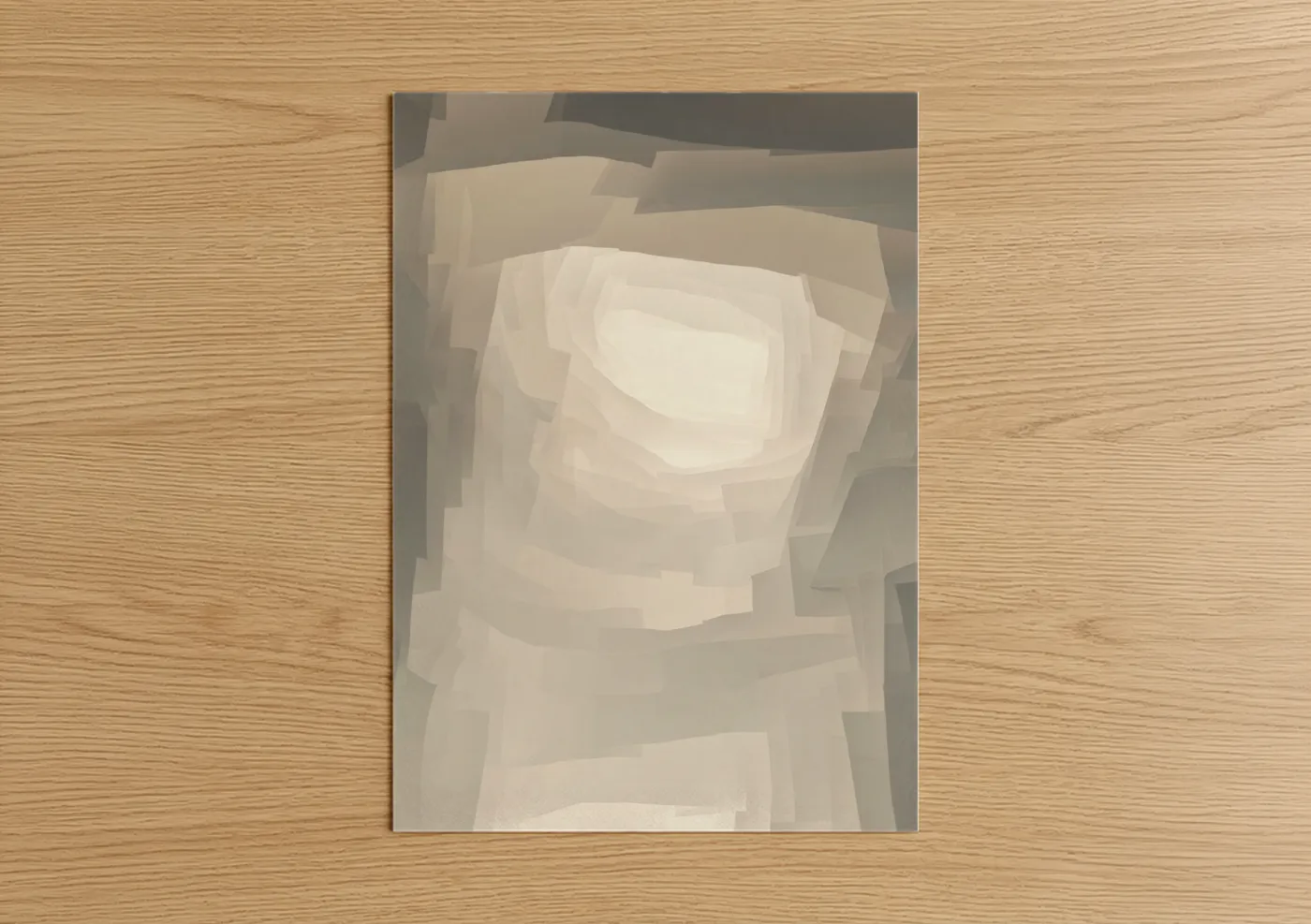 Art print on warm oak wood — cream and gray palette — Luminous Tunnel poster