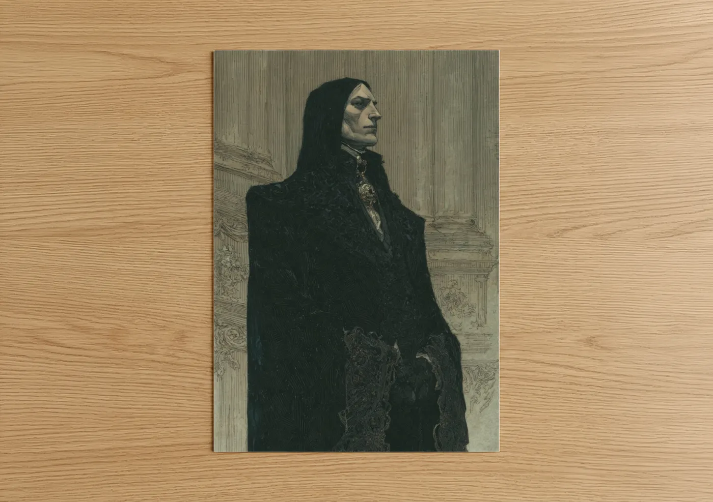 Art print on warm oak wood — black and white and gray palette — Aristocratic Vampire poster