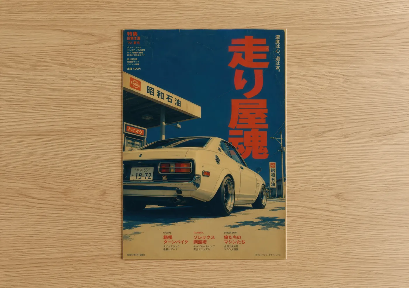 Classic car art print on warm oak wood — blue and cream palette — Retro Japanese Sports Car Wall Art poster
