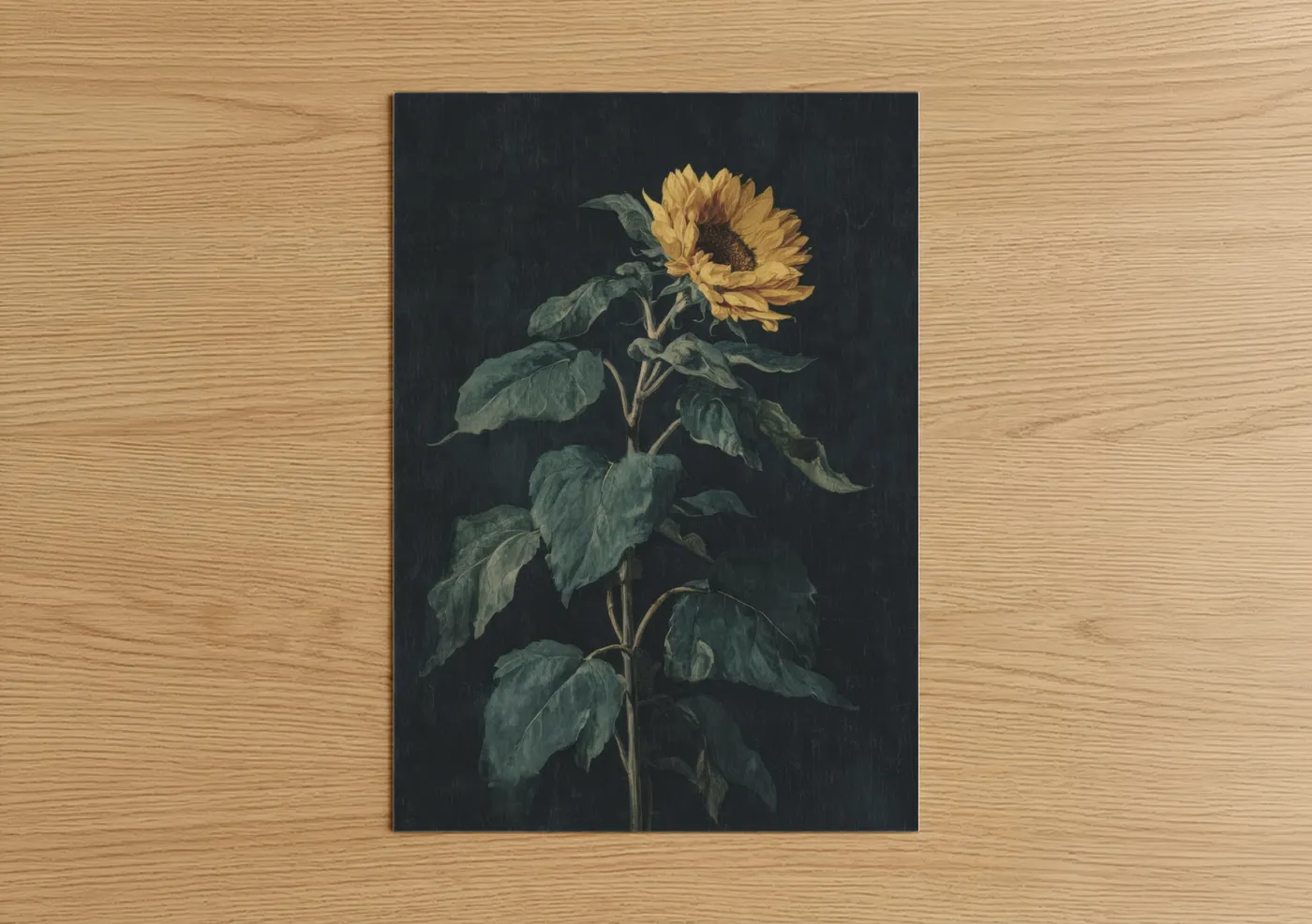 Art print on warm oak wood — gold and dark green palette — Golden Sunflower poster