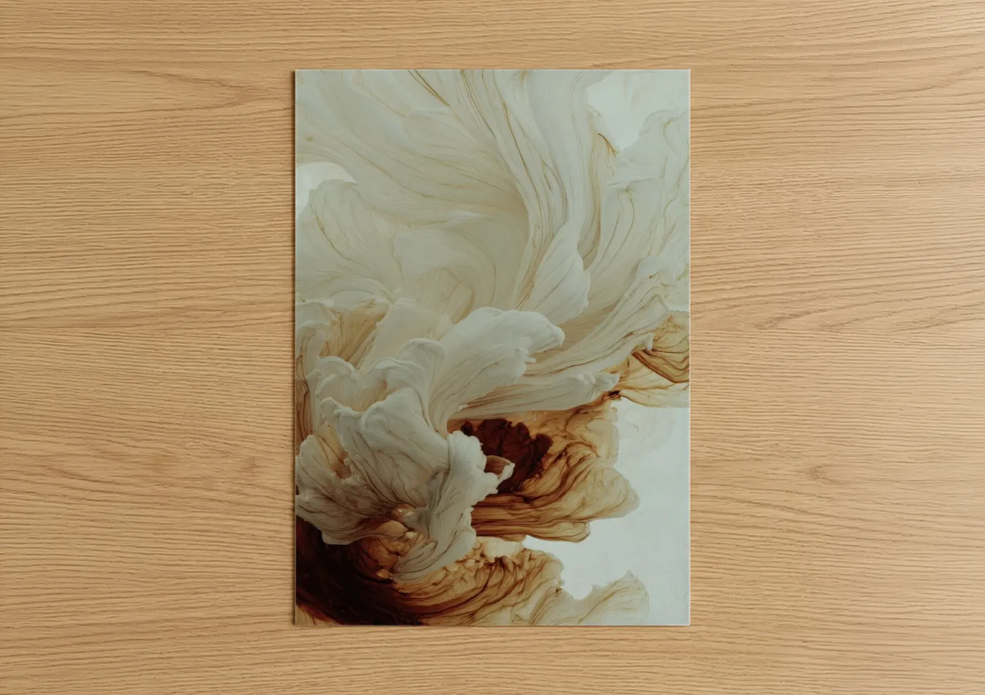 Milk art print on warm oak wood — cream and russet palette — Creamy Swirl Abstract poster