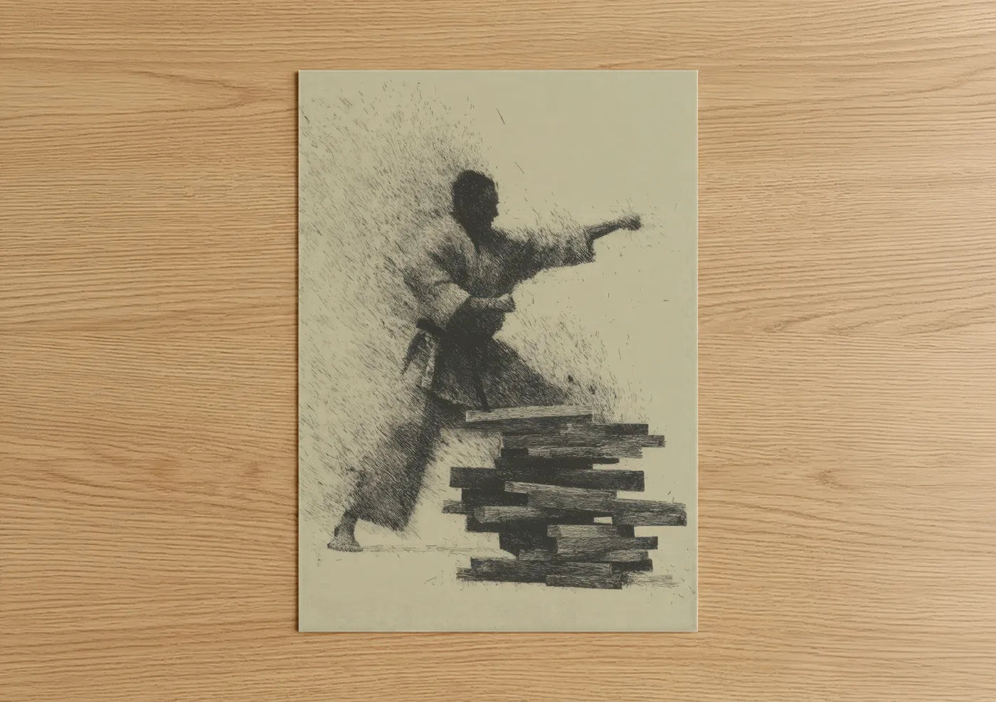 Art print on warm oak wood — beige and black palette — Karate Master Breaking poster