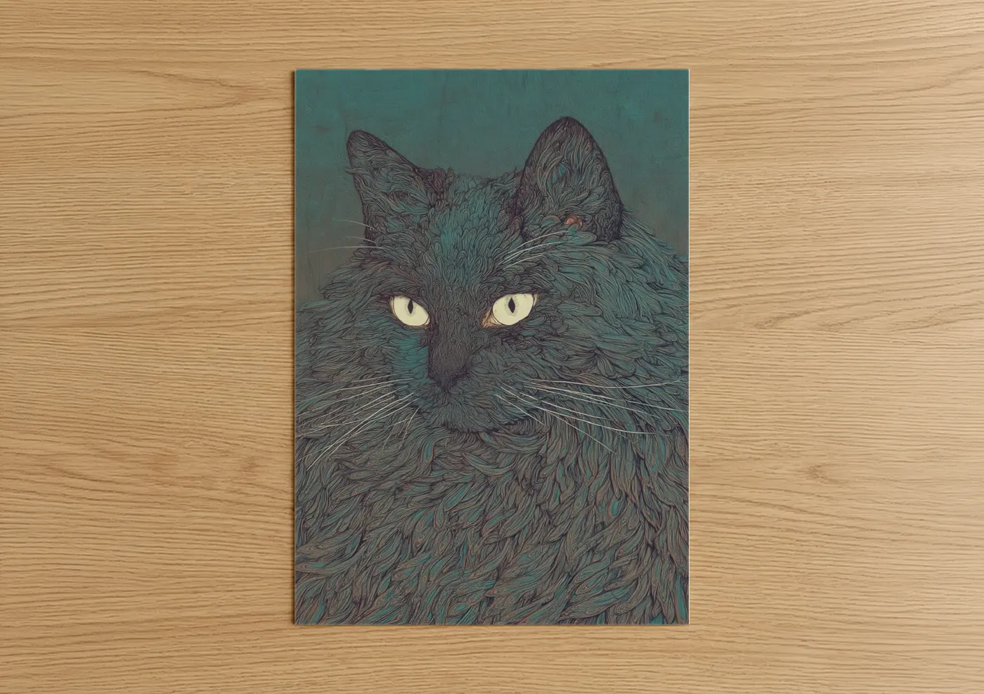 Emerald-Eyed Cat Portrait Line Art Wall Art