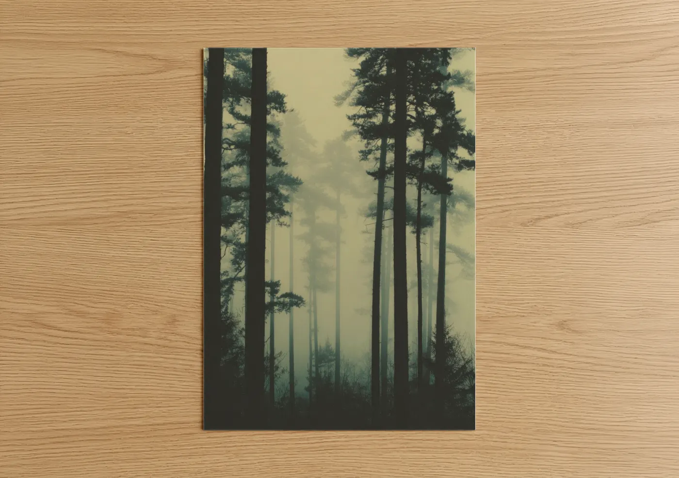 Art print on warm oak wood — gold and gray palette — Misty Cedar Forest poster