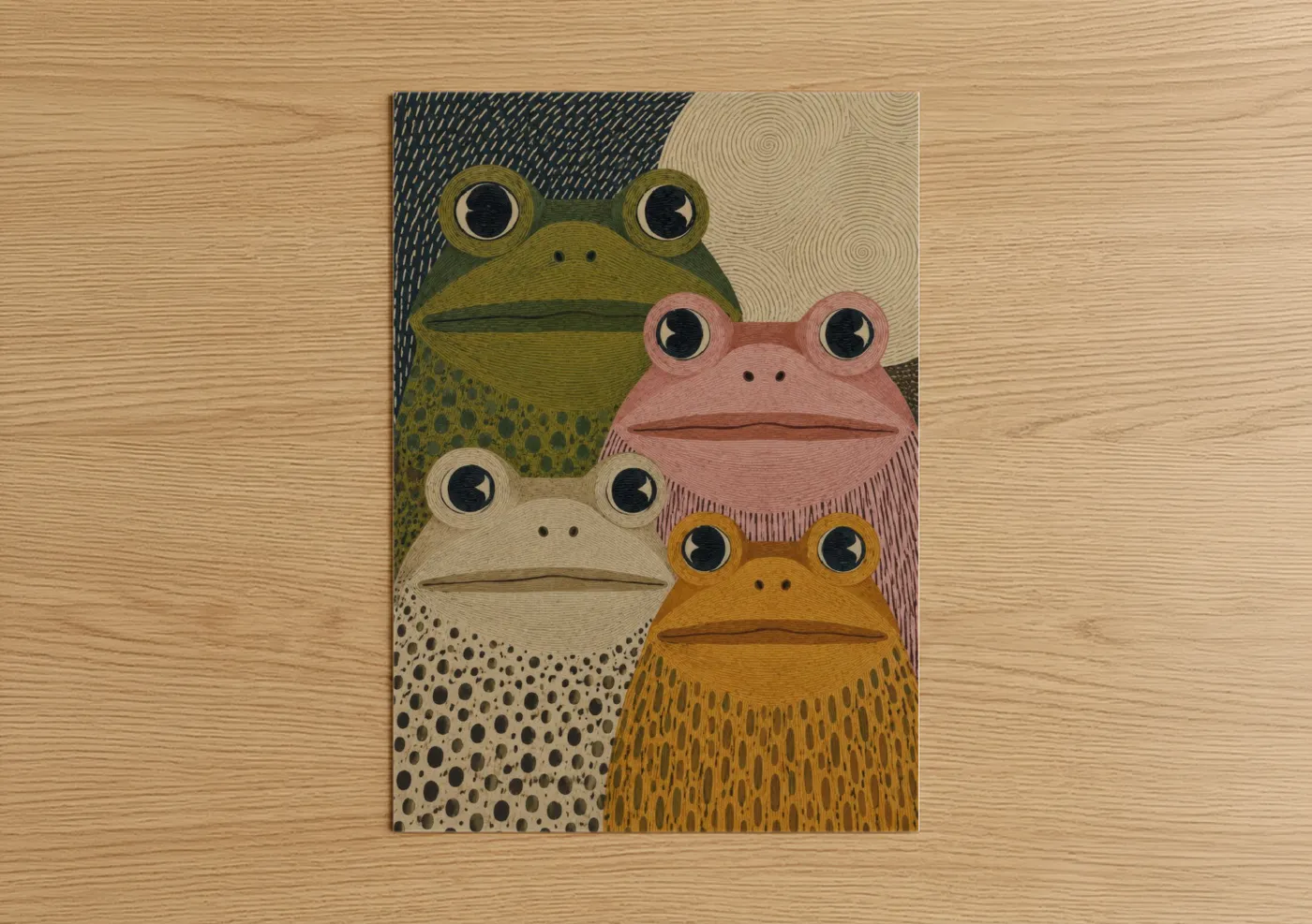 Frogs and toads art print on warm oak wood — green and beige palette — Four Colorful Frogs Wall Art poster
