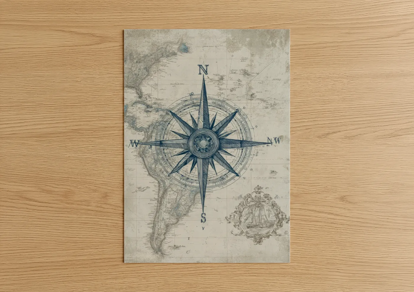 Art print on warm oak wood — cream and dove gray palette — Vintage Compass Rose poster