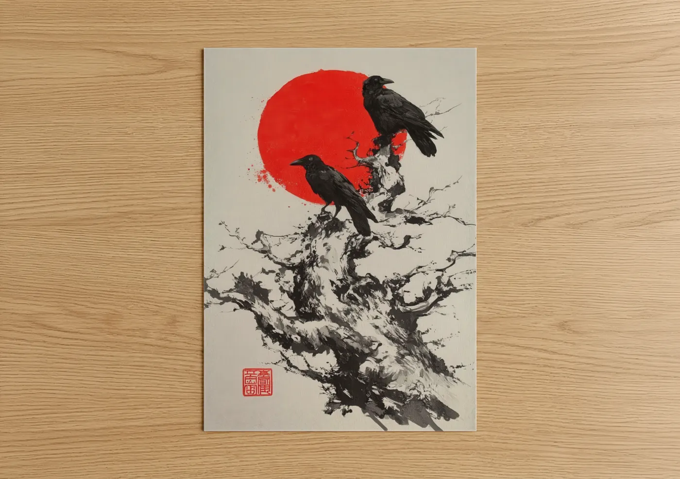 Crows and ravens art print on warm oak wood — black and red and cream palette — Rising Ravens poster