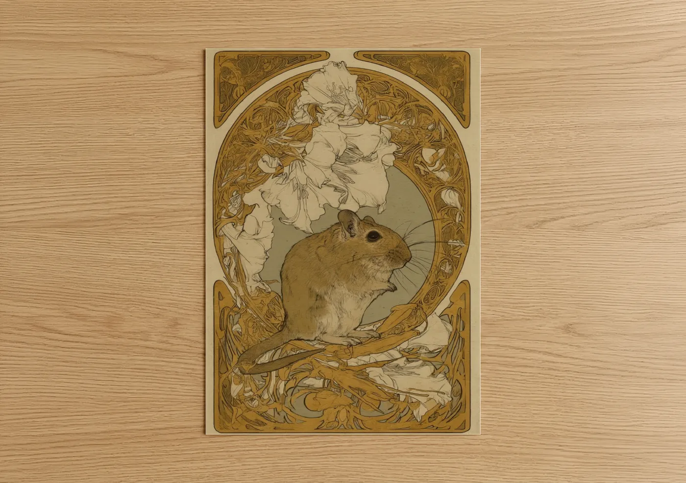 Art print on warm oak wood — gold and cream palette — Gerbil with Flowers poster