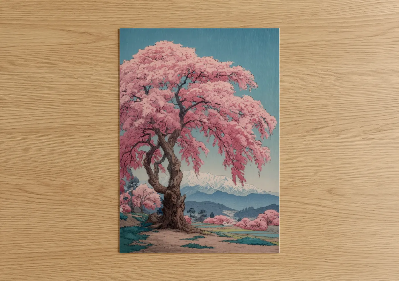 Pink Cherry Blossom Tree Mountain Landscape Wall Art
