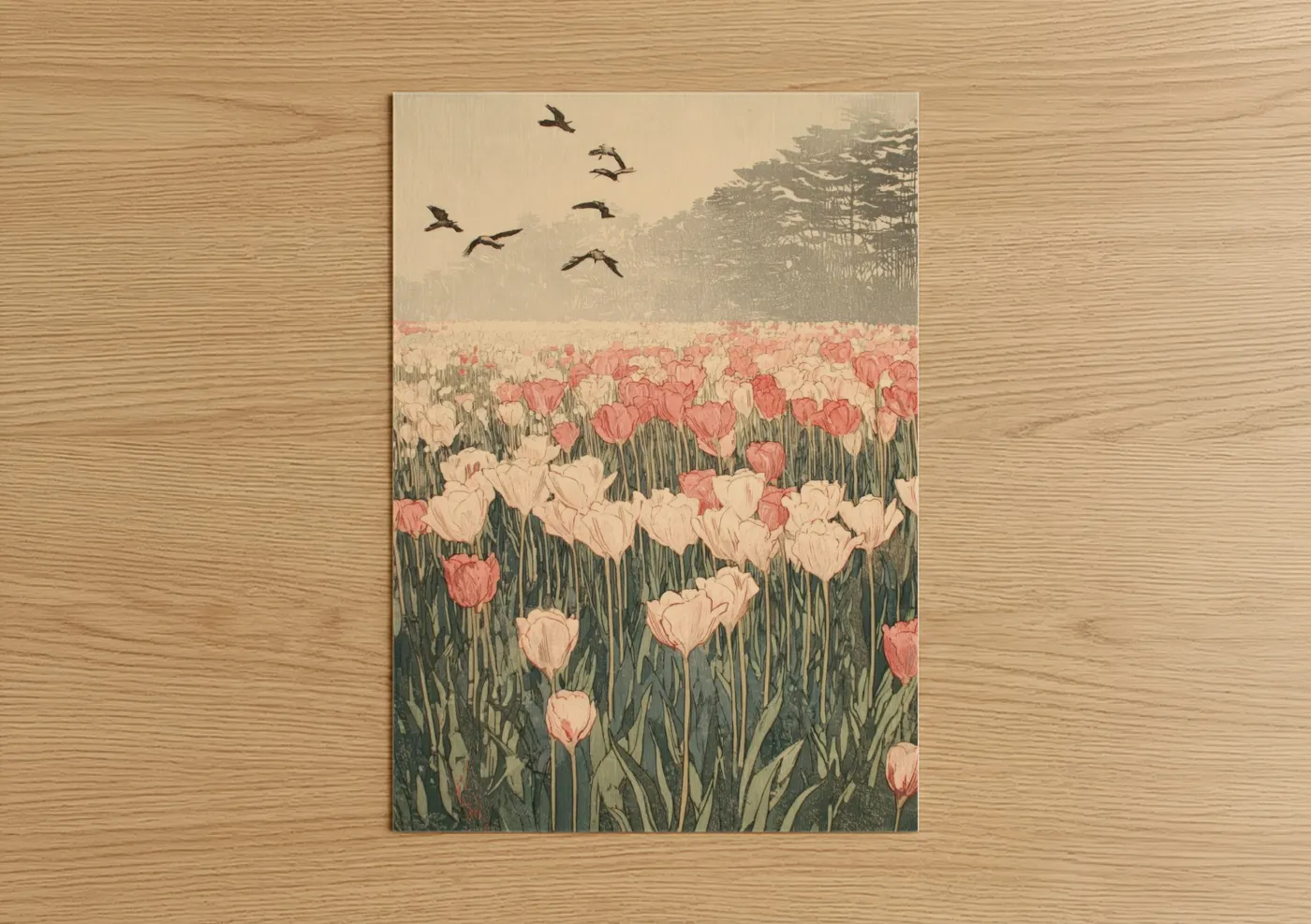 Flower field art print on warm oak wood — salmon pink and cream palette — Tulip Field Flight poster