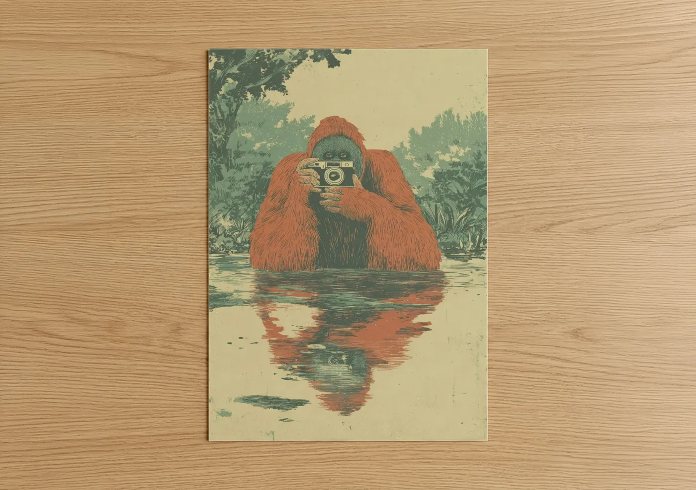 Orangutan with Camera Vintage Illustration Wall Art