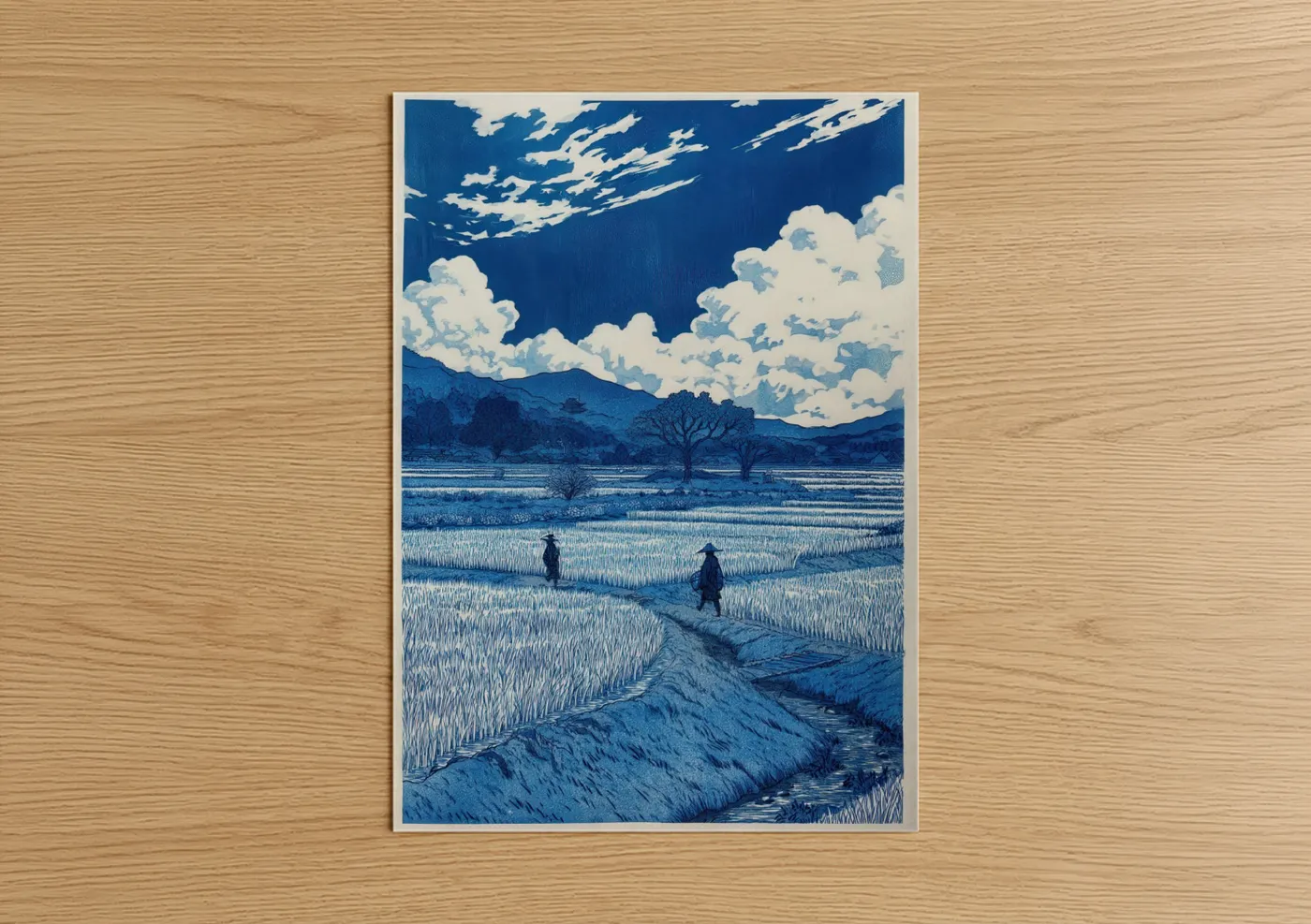 Various landscapes art print on warm oak wood — blue and white palette — Indigo Rice Fields poster