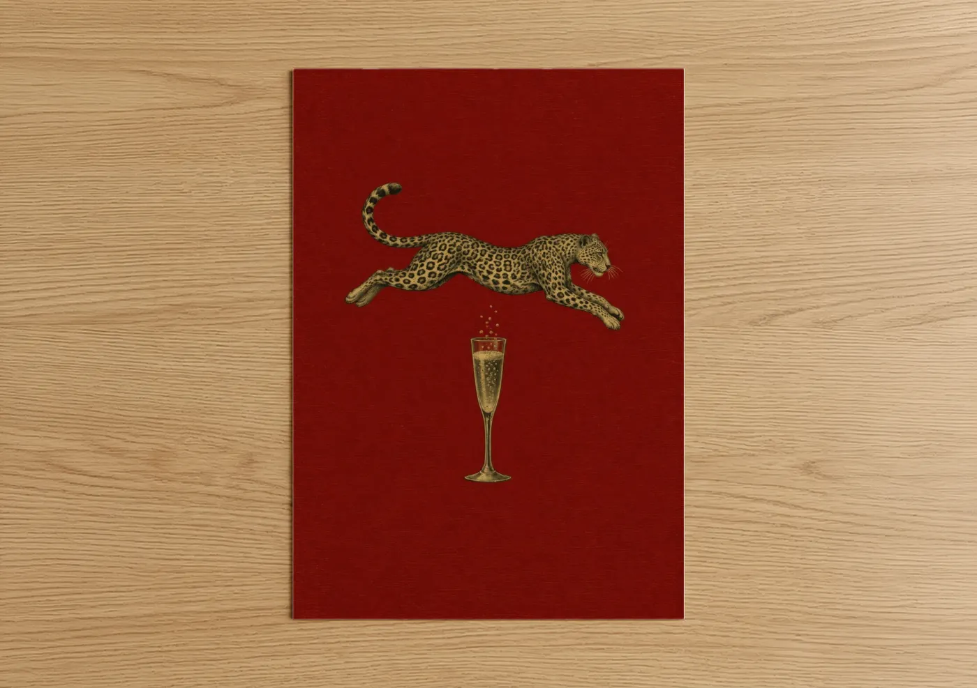Art print on warm oak wood — red and gold palette — Leopard and Champagne Luxe Wall Art poster