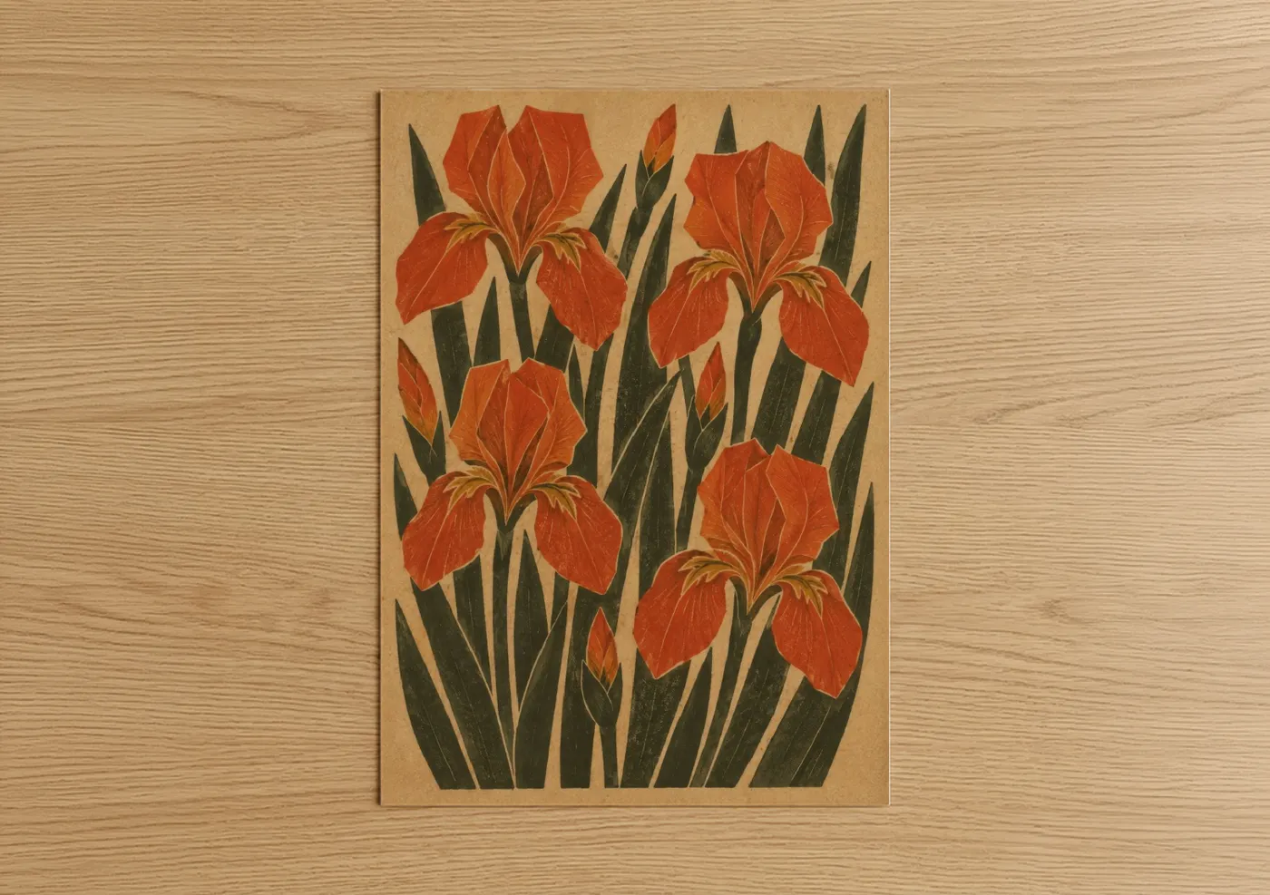 Art print on warm oak wood — orange and olive palette — Japanese Iris Botanical Wall Art poster