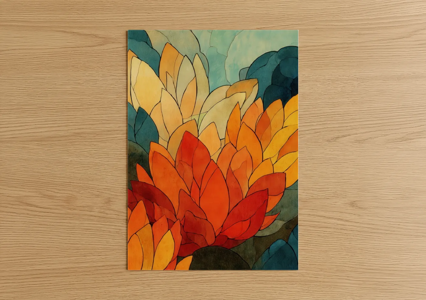 Art print on warm oak wood — red and gold palette — Crimson Lotus Bloom poster