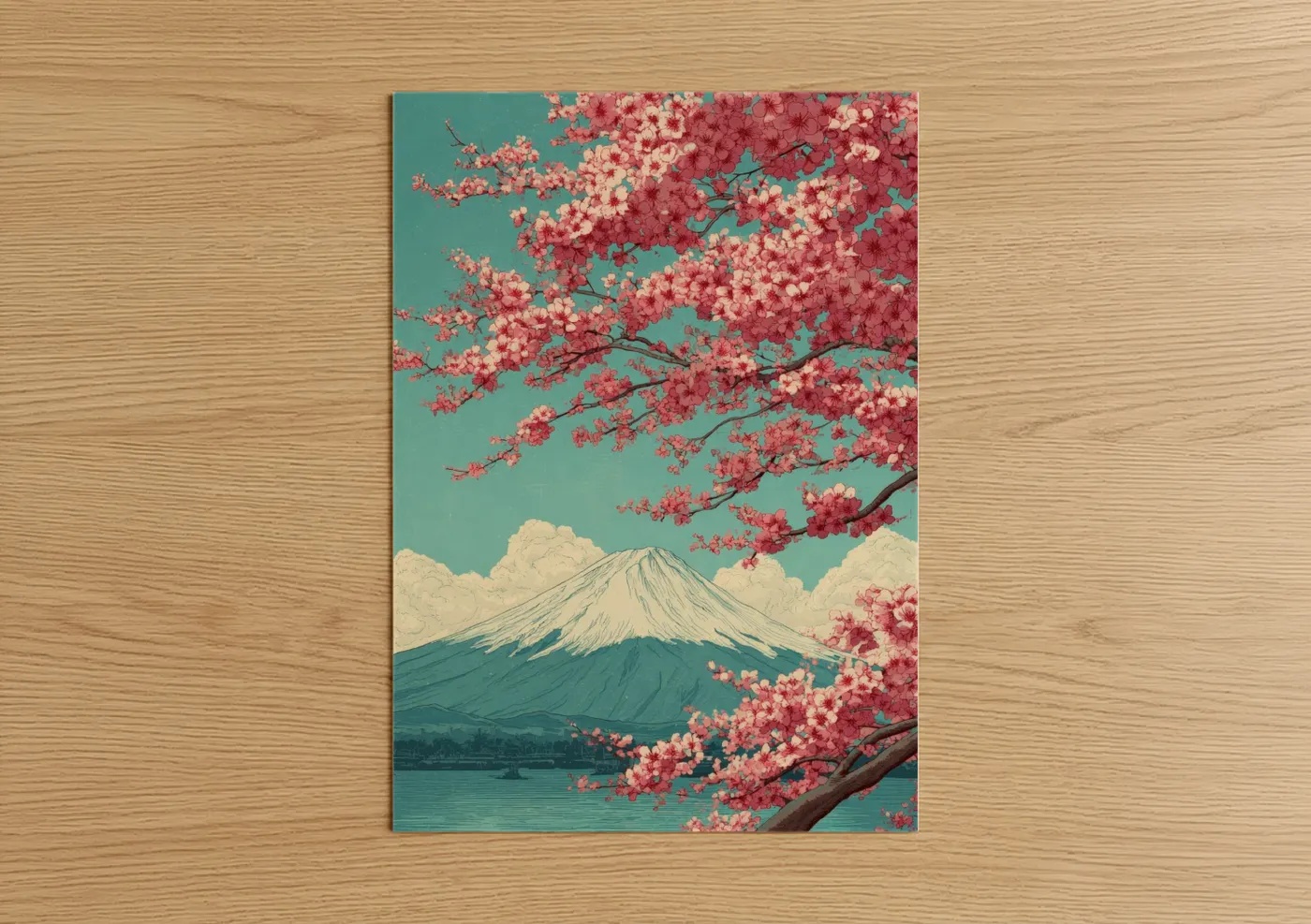 Cherry blossoms art print on warm oak wood — teal and salmon pink palette — Sakura Mountain View poster