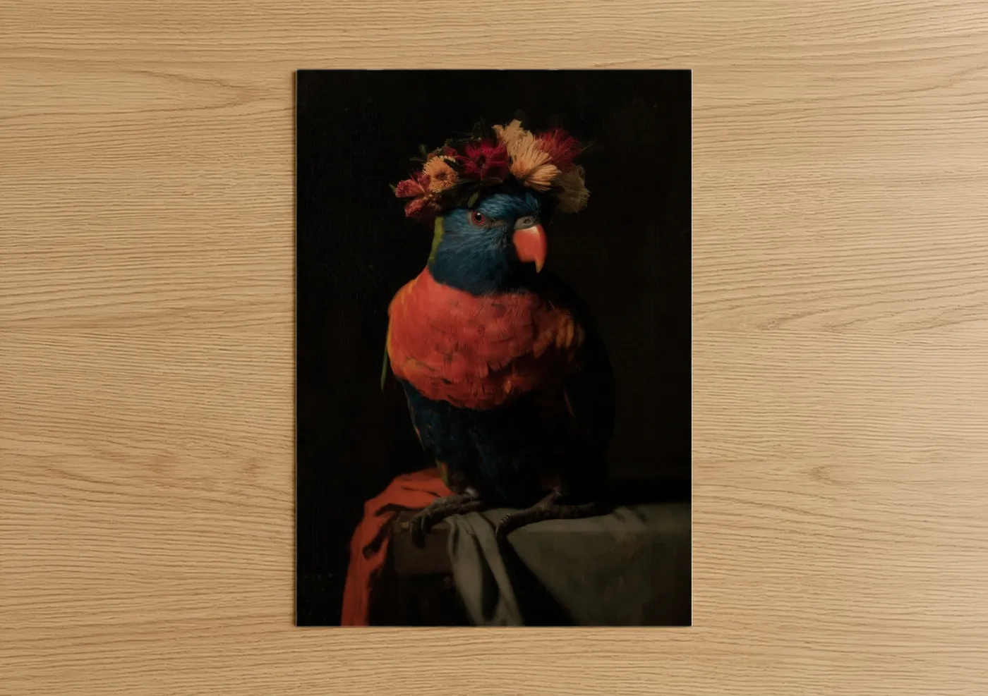 Rainbow lorikeet art print on warm oak wood — black and red palette — Regal Lorikeet poster