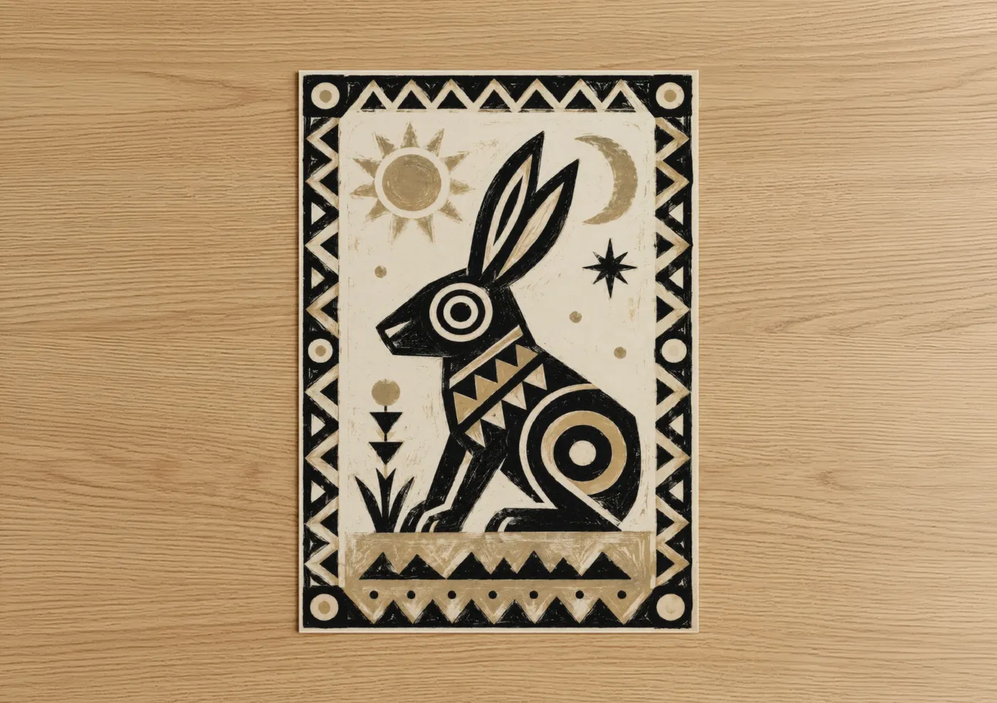 Art print on warm oak wood — black and white and gold palette — Geometric Rabbit With Celestial Symbols Wall Art poster