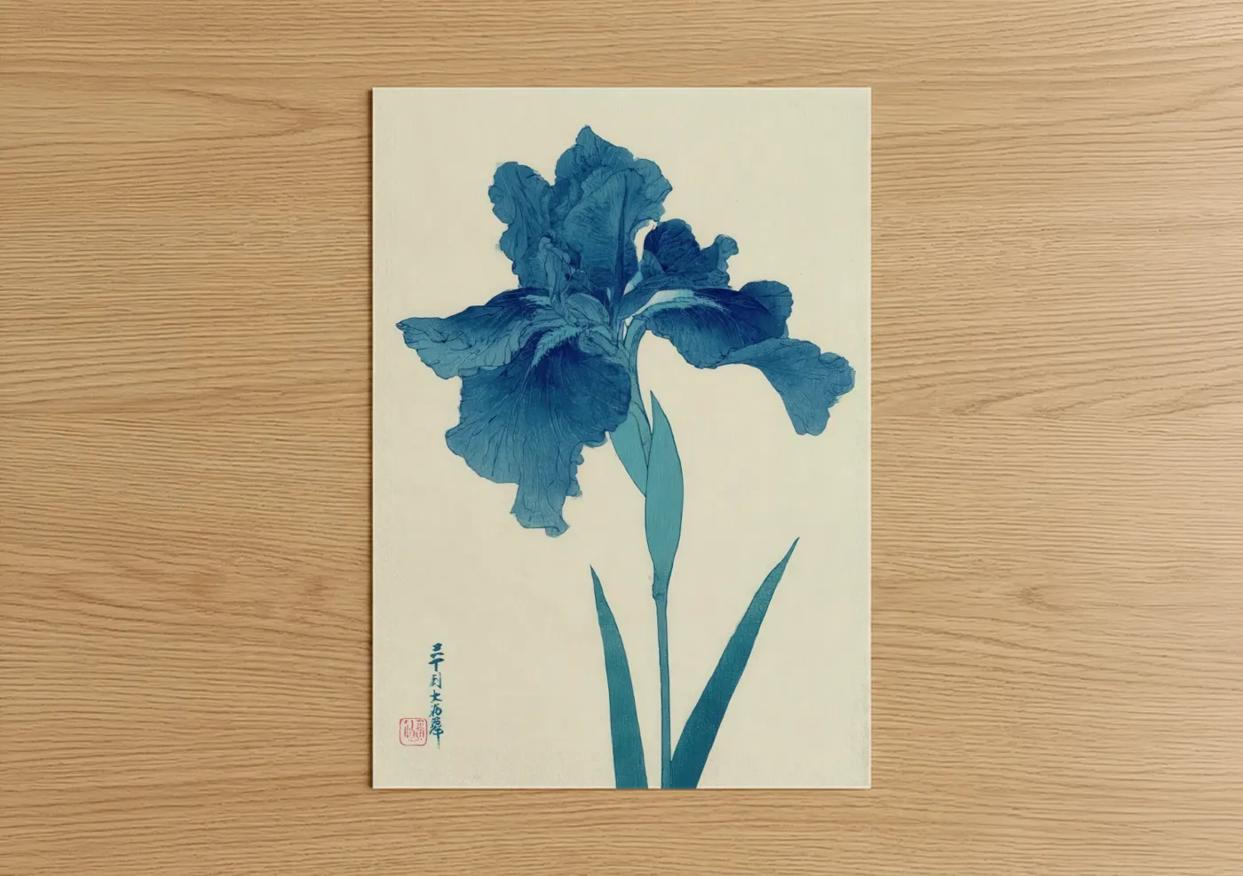 Art print on warm oak wood — blue and cream palette — Blue Iris Bloom poster