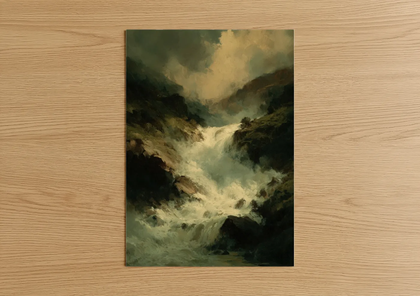 Waterfall art print on warm oak wood — olive and cream palette — Mountain Cascade poster