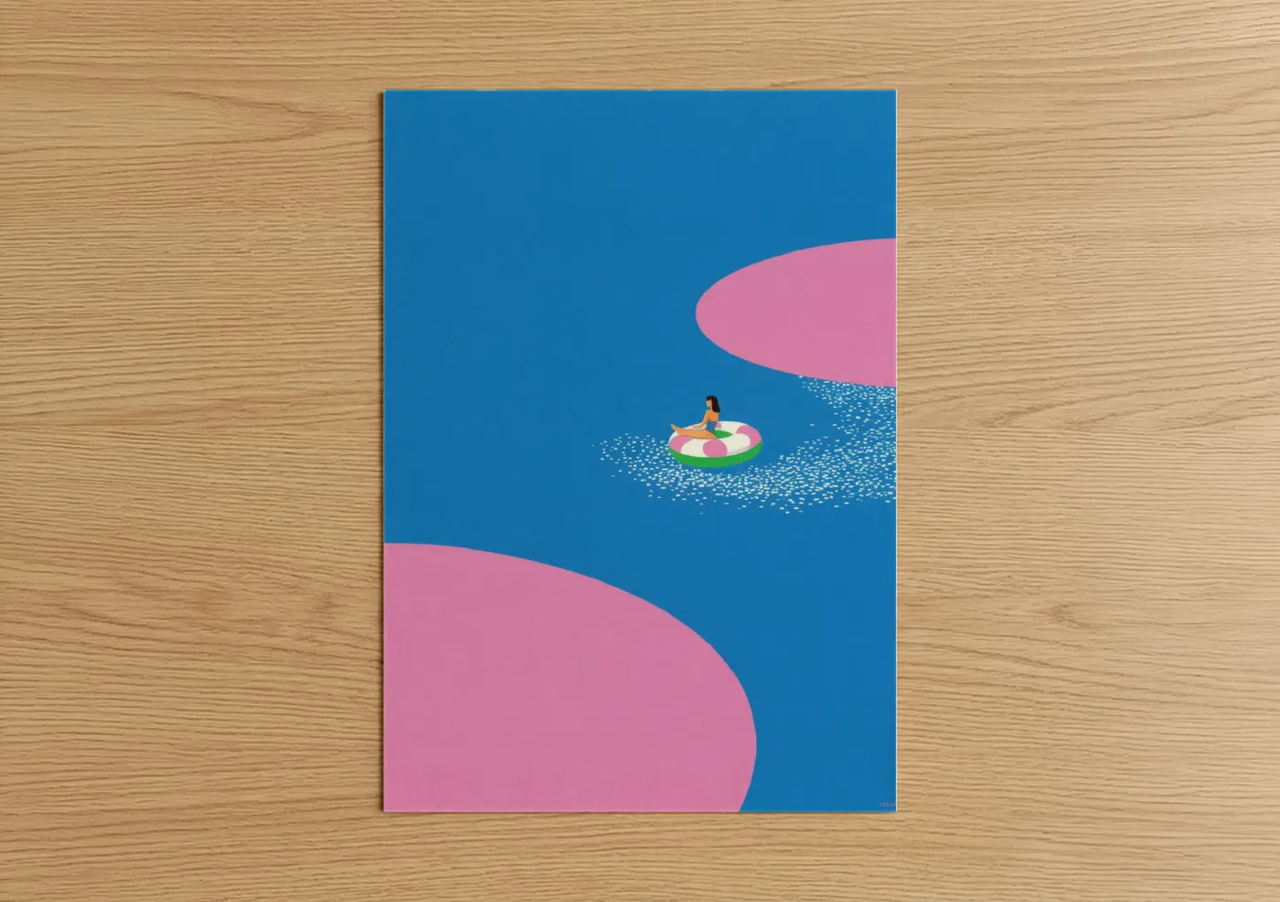 Swimming art print on warm oak wood — blue and pink palette — Floating Paradise Illustration poster