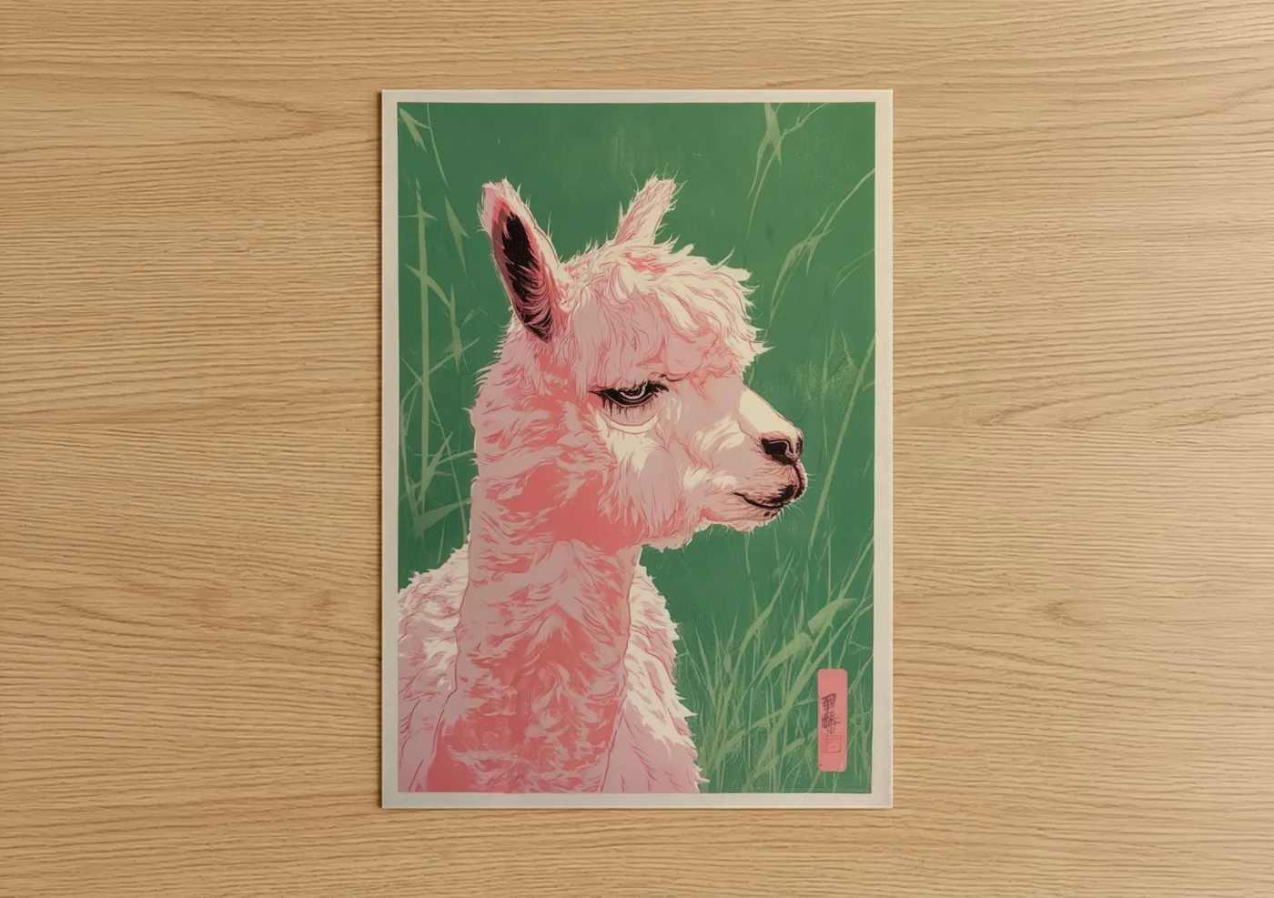 Art print on warm oak wood — pink and green palette — Pink Alpaca Portrait poster